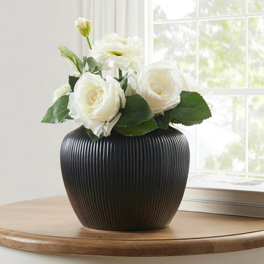 Black Textured Stripe Stoneware Vase